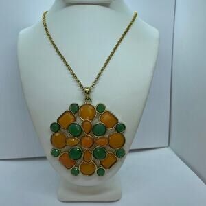 Gold-Tone Green Orange Gemstone Pendant Necklace